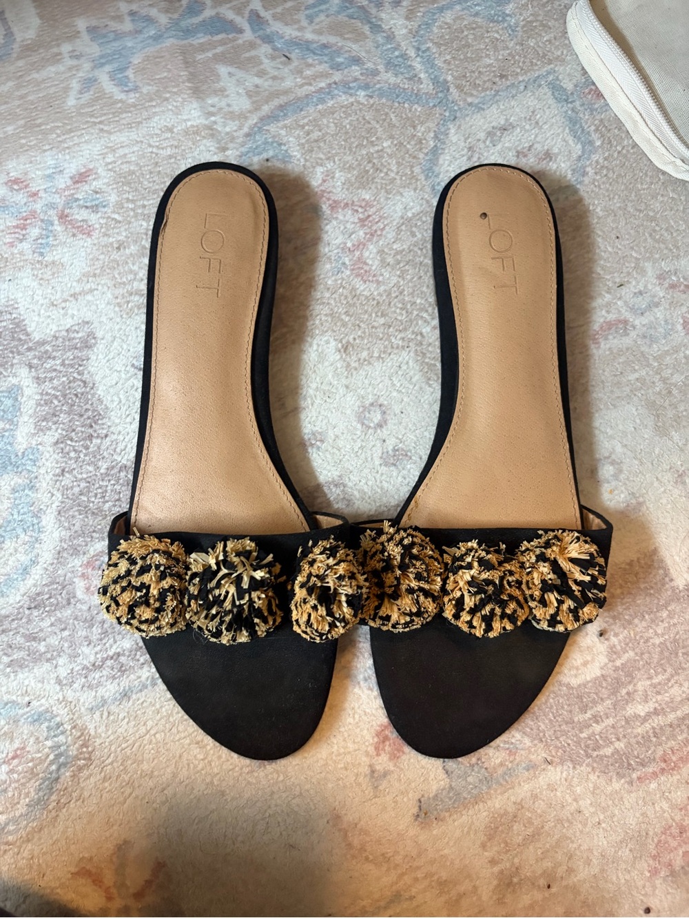 LOFT Black Slide Sandals with Gold-Tone Pom Accents